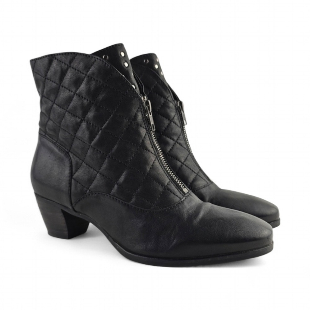 FIDJI Women's Black Quilted Silver Studded Leather Heeled Ankle Boots 40 - Picture 2 of 15
